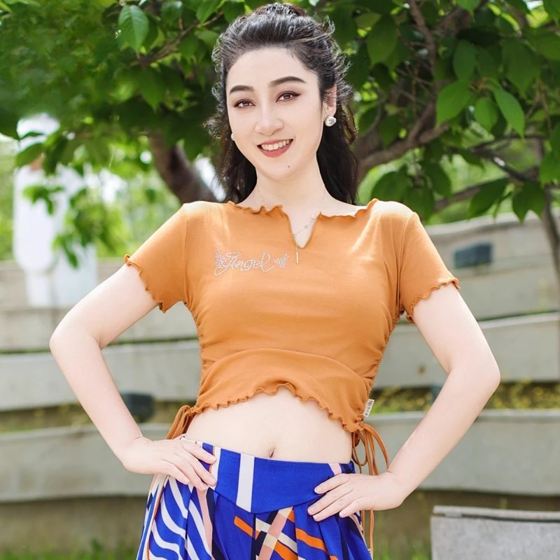 Aangepaste buikdans top korte mouw katoenen buikdanskostuums oefenkleding top yoga pilates vrouwelijk
