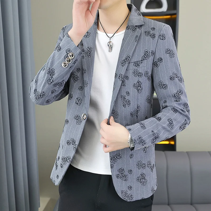 

2026 мужской пиджак с принтом, модный деловой тренд, свадебный утягивающий джентльменский повседневный универсальный корейский дорожный высокий формальный пиджак