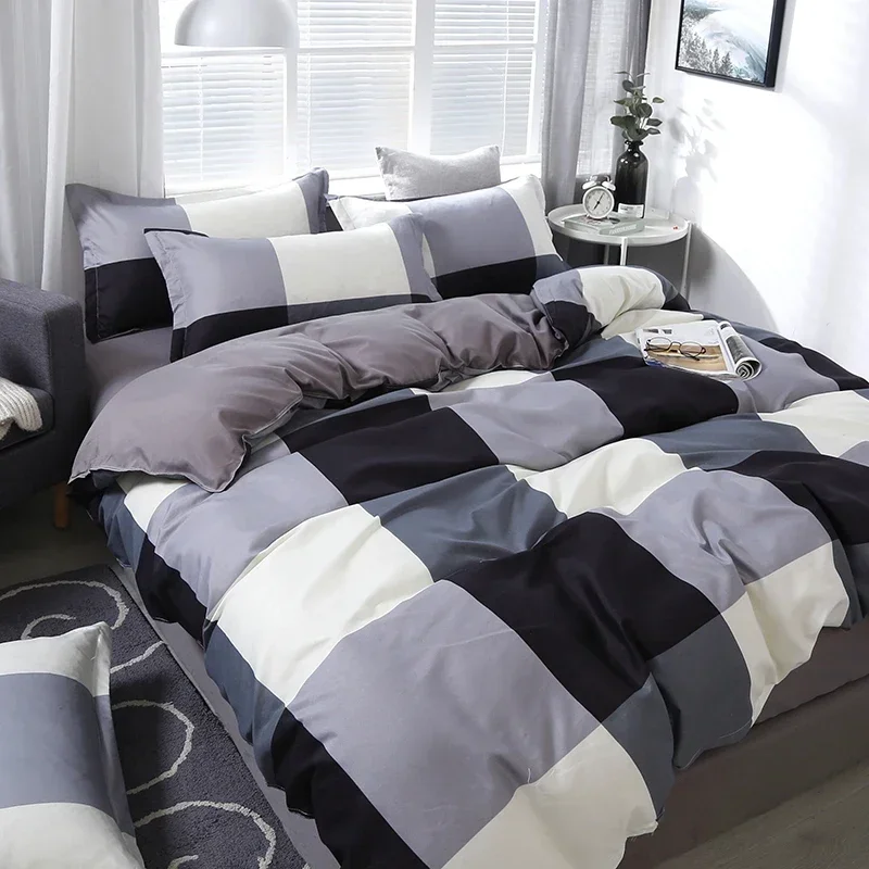 Grid Plaid Duvet Cover Set Modern Checkered Bedding Set Hotel Quality 4 Pieces Comforter Cover Set Luxury Zipper Closure Beddin