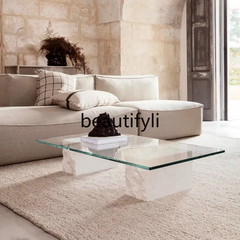 

Nordic minimalist white marble tempered glass coffee table, personalized destruction style living room tea table