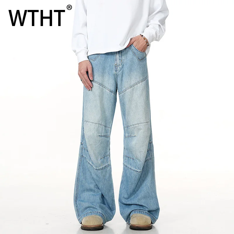 

WTHT Vintage Men's Patchwork Gradient Pleated Design Denim Pants Fashion 2025 Summer American Style Straight Jeans Male 2A0565