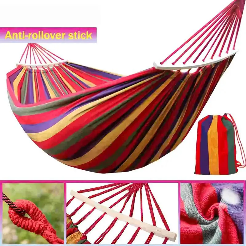Portable Hammock with Mattress Blue and Red Stripes Straps and Storage Bag Suitable for Camping Outdoor and Indoor Use