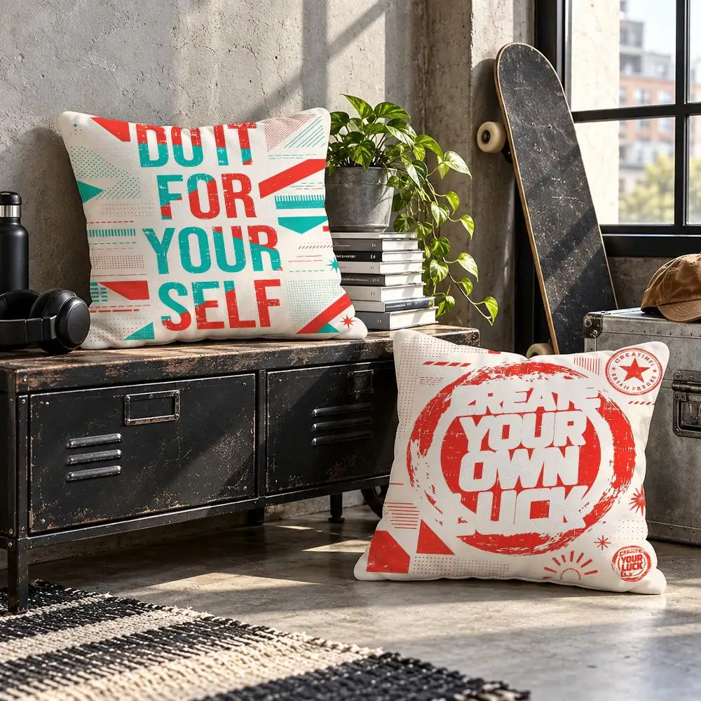 art Contrast Slogan Letter Cushion Cover Short Plush Pillow Cover Soft Throw Cushion Case for Sofa Bedroom Home Decor Gift