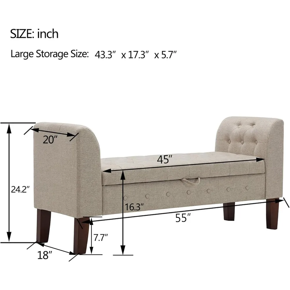 Upholstered Storage Bench with Arms Ottoman Bench for Bedroom Entryway Living Room Khaki