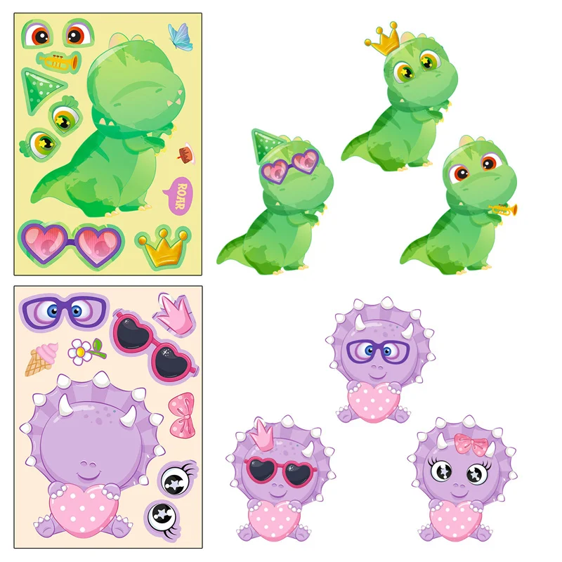 Changeable Faces Kids Stickers Creative DIY Make Your Own Dinosaur Face Stickers Assemble Jigsaw Puzzle Games Quiet Stiker Toys