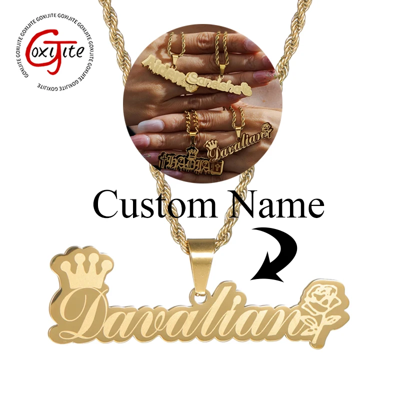Goxijite Custom Name Laser Marking Crown Butterfly Necklace Thick Chain Stainless Steel Big Pendant For Women Men Jewelry Gift