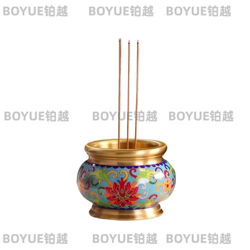 Large Cloisonne Brass Incense Burner for Buddha Statue Household Aromatherapy Holder Pure Copper Enamel Line Stick Insert