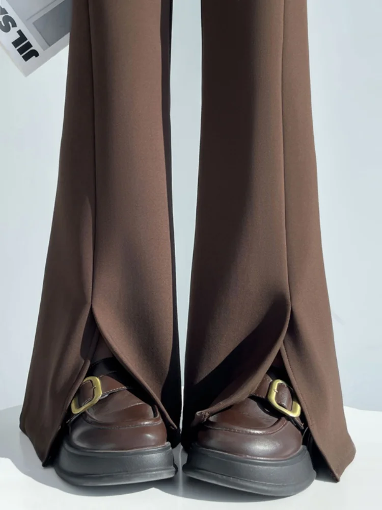 Cafe Brown High Waist Straight Leg Suit Pants Women's Autumn Winter New Style Pocket Detail Commute Friendly Trousers