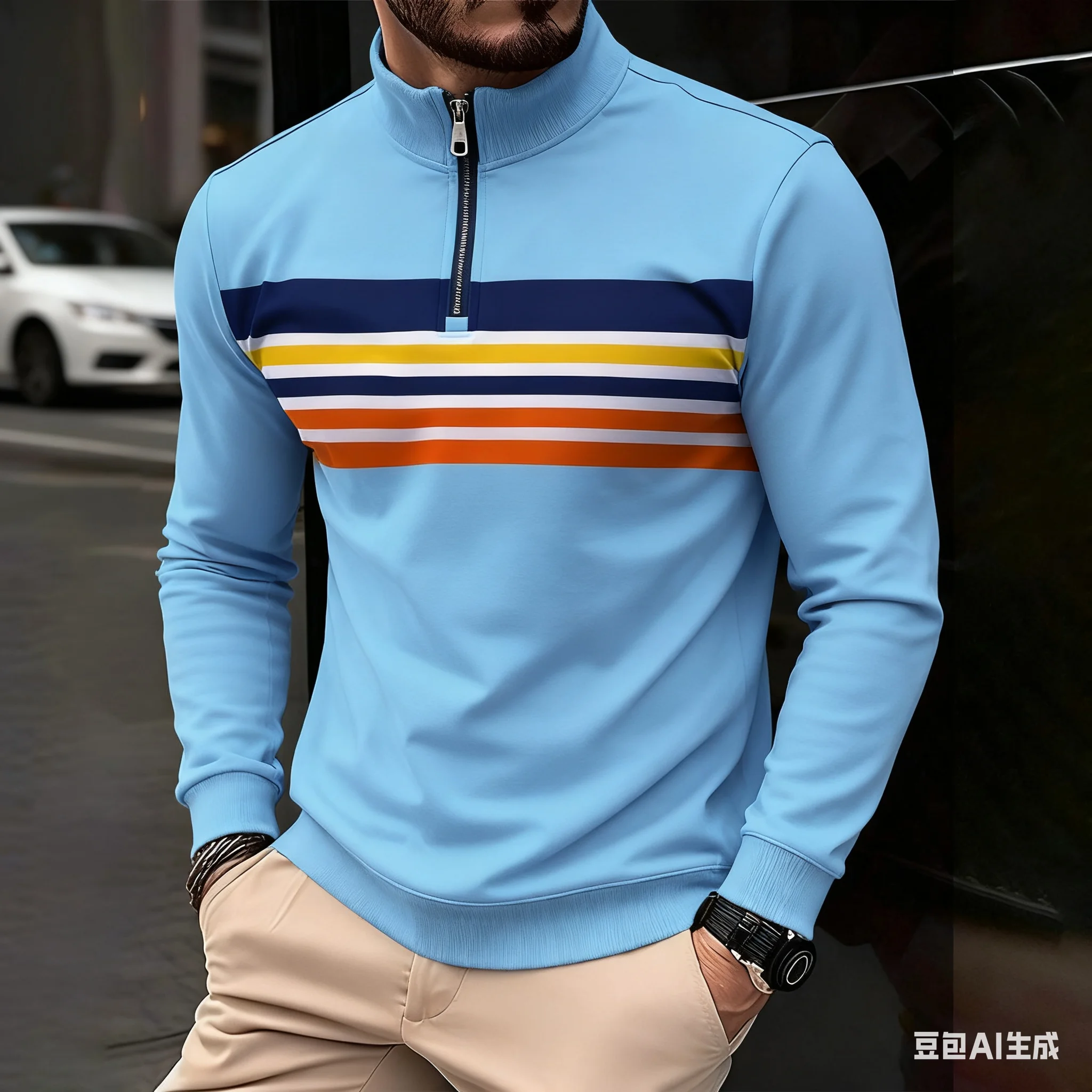 Lustige Streifen Druck männer Sweatshirts Mode Stehkragen Half Zip Langarm Tops Herbst Casual Lose Pullover Straße Kleidung