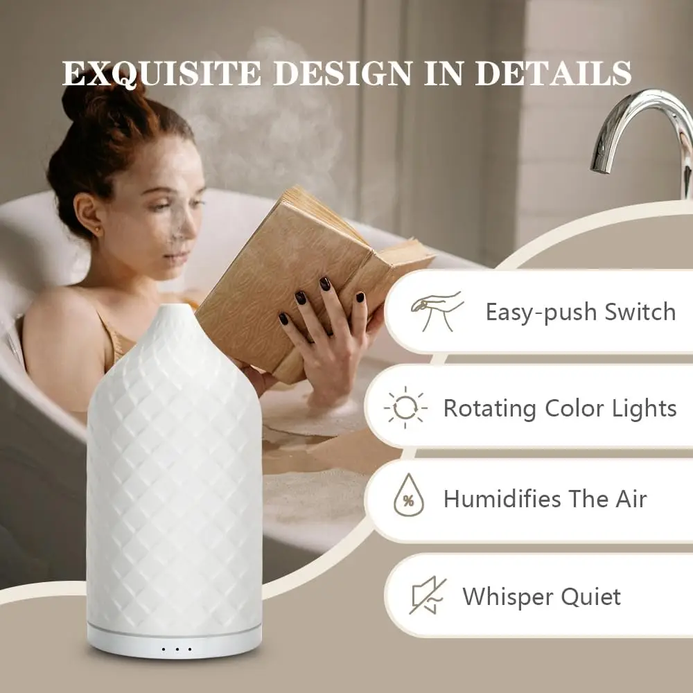 Essential Oil Diffuser for Home, Ceramic Aromatherapy Diffuser for Essential Oils, 120ml Oil Diffuser with Waterless Auto-Off