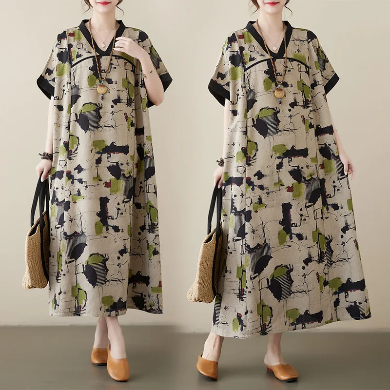 

2024 Summer New Cotton and Hemp Printed V-Neck Loose Size Chinese Hanfu Improved Temperament Long Skirt for Women