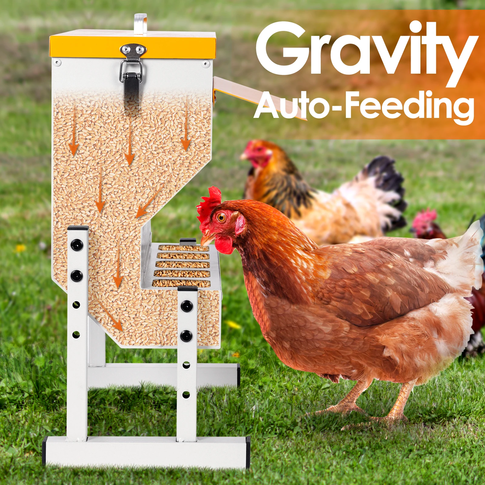 16L Large Capacity Poultry Chicken Feeder Galvanized Steel Feed Box with Rain Cover & Lockable Top Anti Waste Feeder