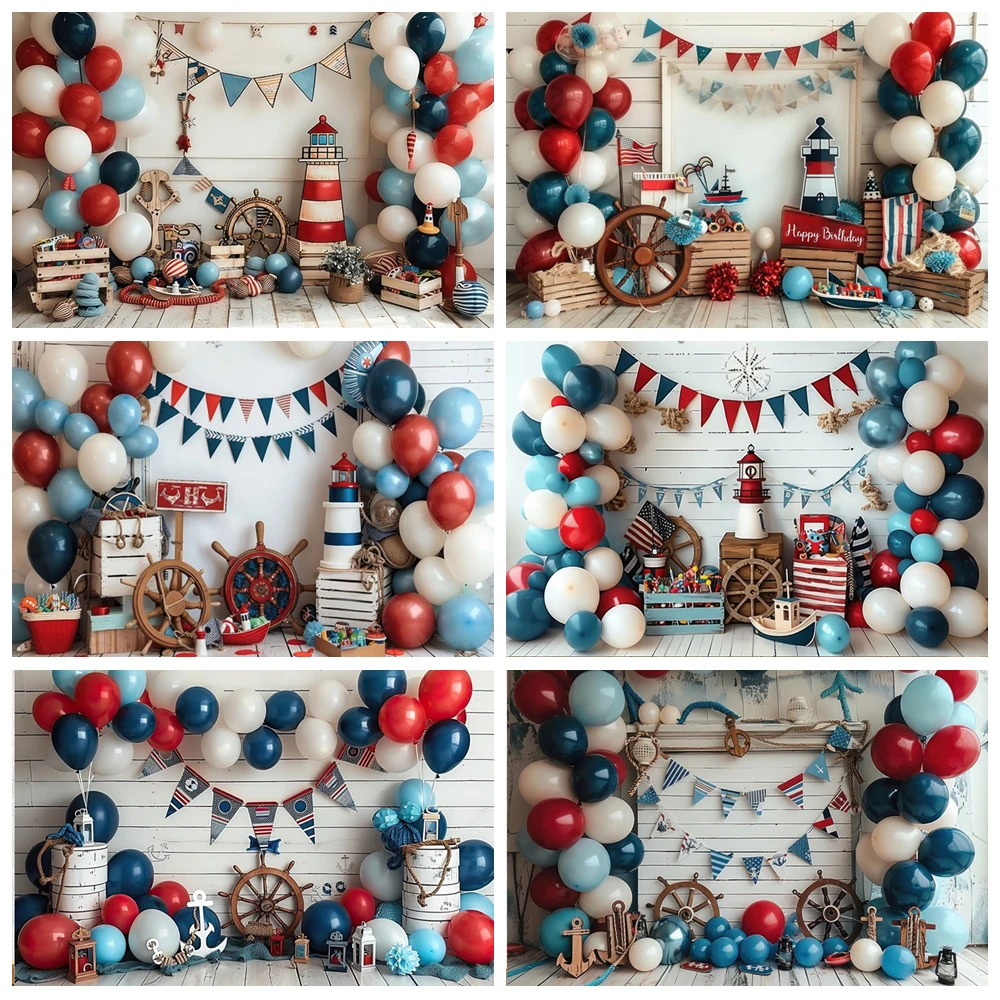 

Summer Nautical Backdrop Blue Balloon Wood Board Helmsman Sailing Crew Sailor Baby Shower Birthday Party Photography Background