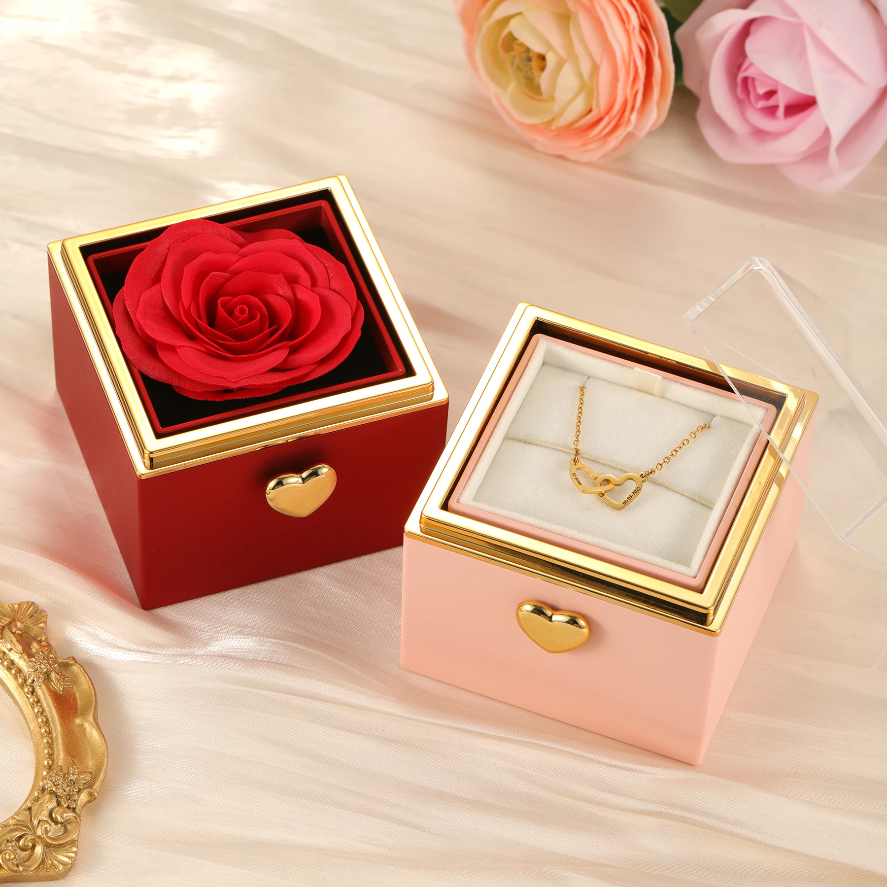 2026 Magic Rotation Eternal Real Rose Box Double Heart Custom Engraved Name Steel Necklace for Valentine's Day Jewelry Gift - Image 4