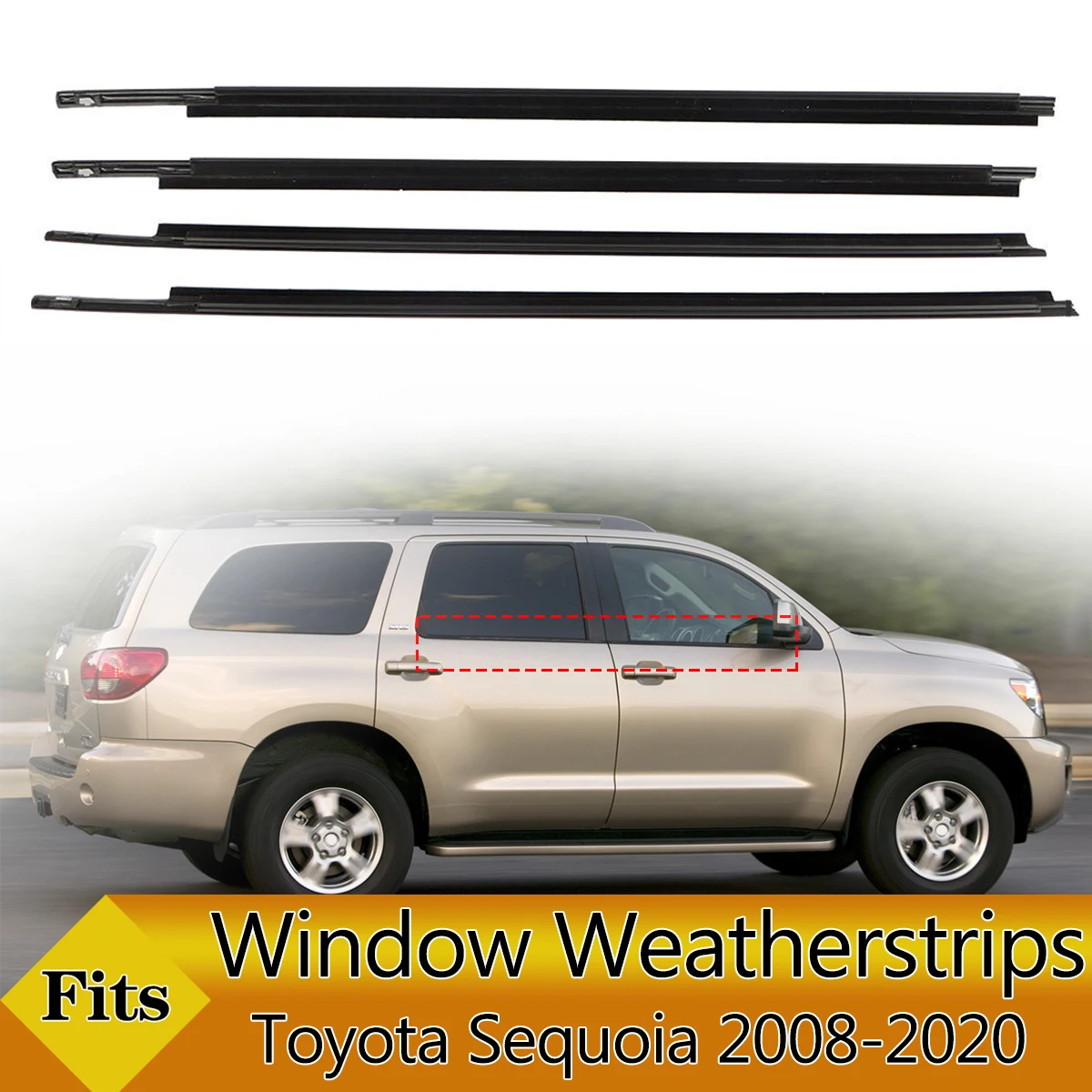 4PCS Car Outer Windows Rubber Weatherstrip Waterproof Pressure Strip Sealing Belt Moulding Trim For Toyota Sequoia 2008-2020