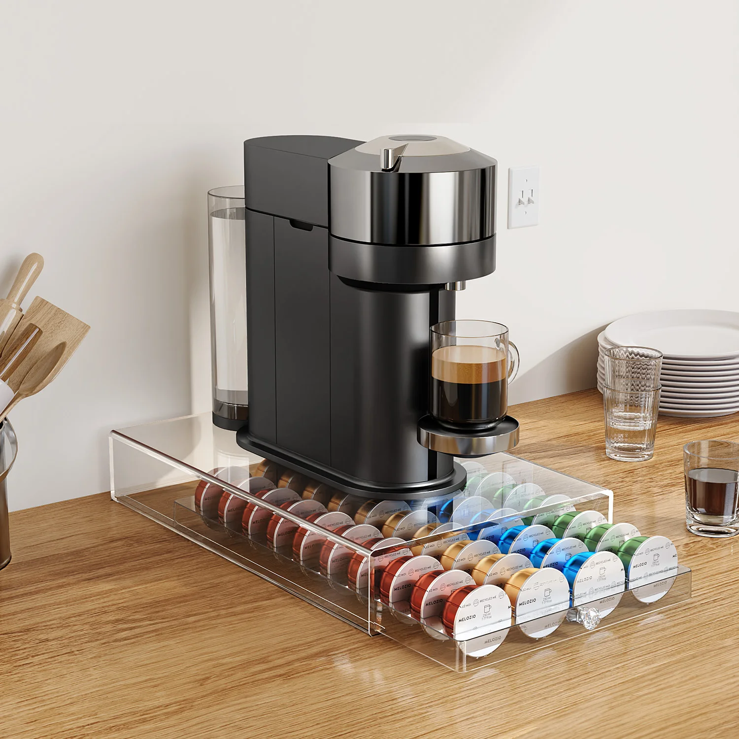 Soporte para cápsulas de café, cajón acrílico Compatible con cápsulas Nespresso Vertuo, organizador de almacenamiento de 40 cápsulas, cajón de Material plástico