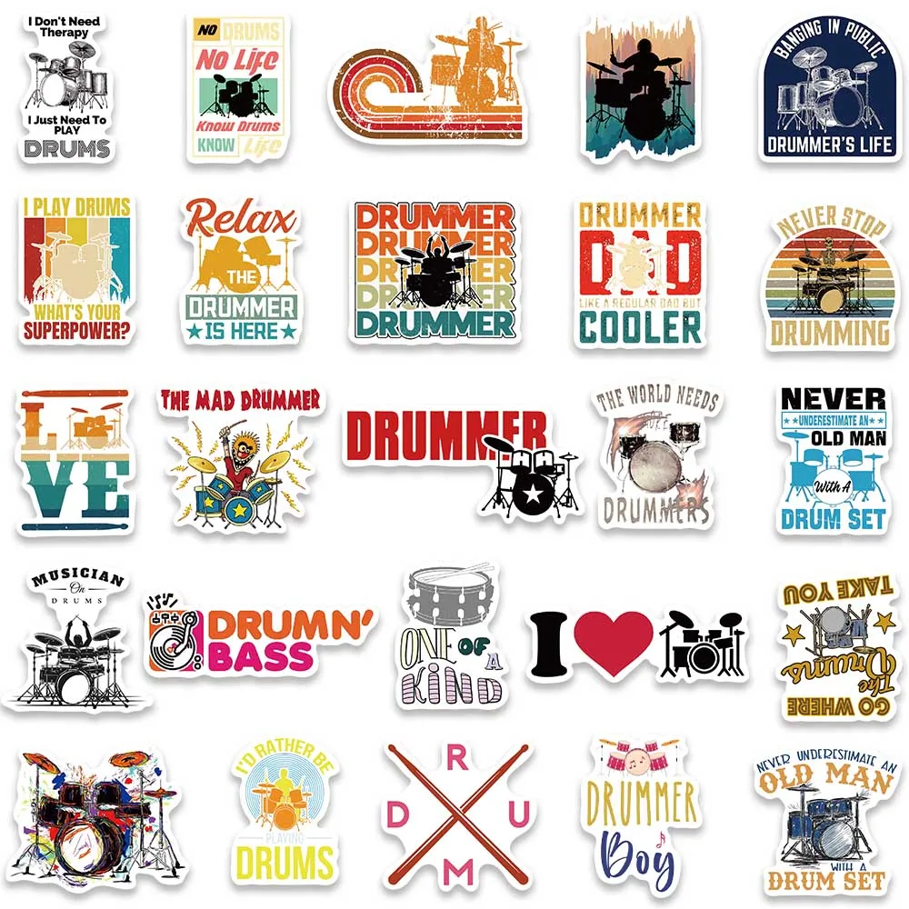 50pcs Funny Cool Cartoon strumento a percussione Drum Kit adesivi per Laptop chitarra bagaglio diario decalcomanie Graffiti impermeabili