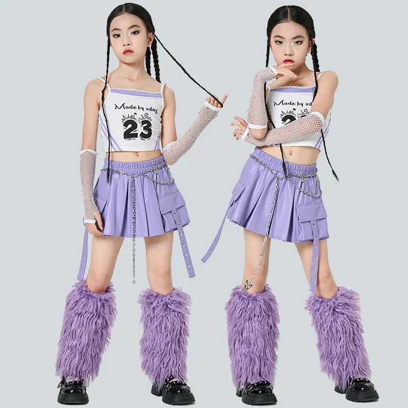 

Одежда для джазовых танцев для девочек, одежда K-pop, фиолетовая кожаная юбка, жилет на бретельках, костюм для подиума, костюм для выступлений, XH2755