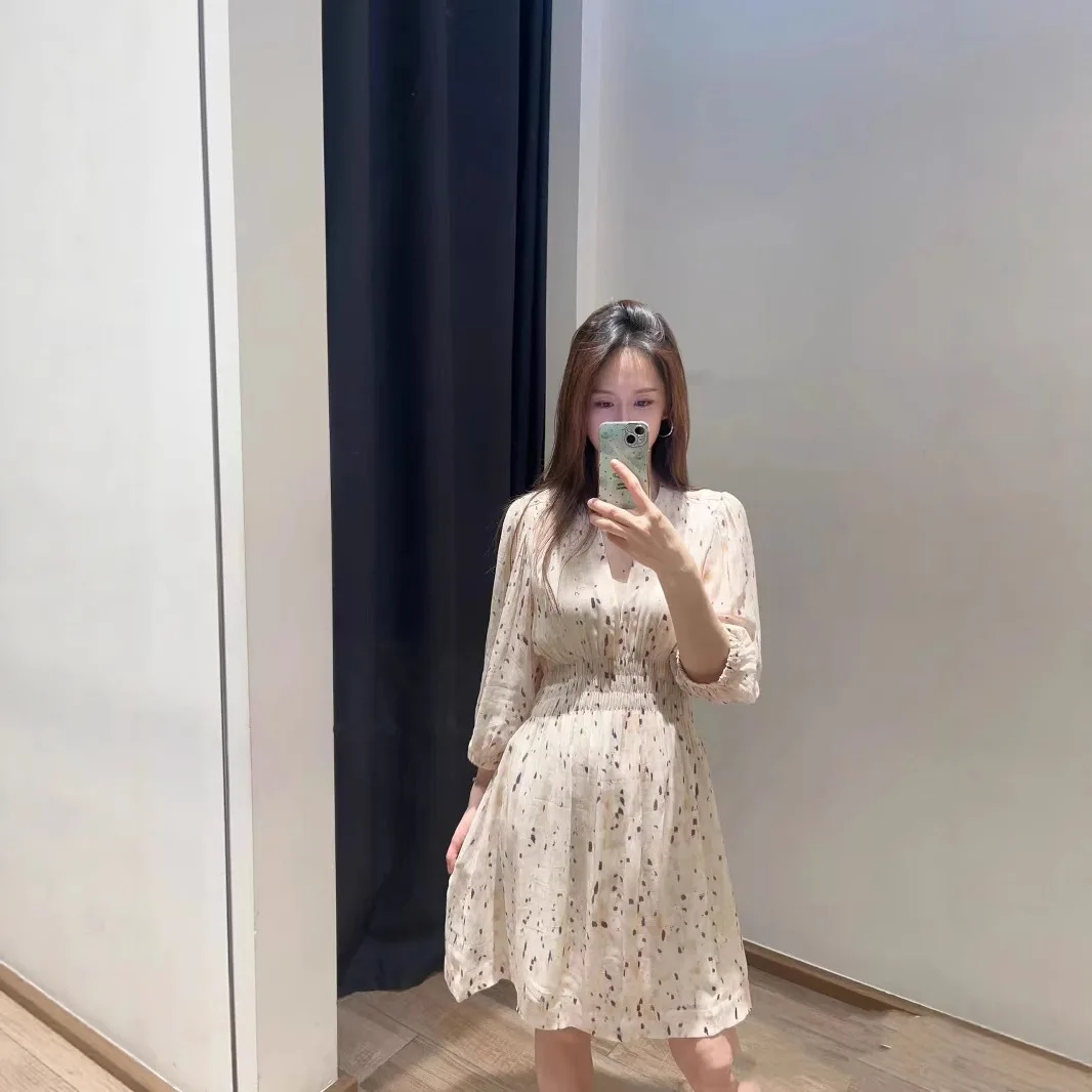 

Ele Floral Print V-Ne ort Dr Women's Summer New Sle Slimming Waist High Waist A-Line Skirt Polyester Fabric