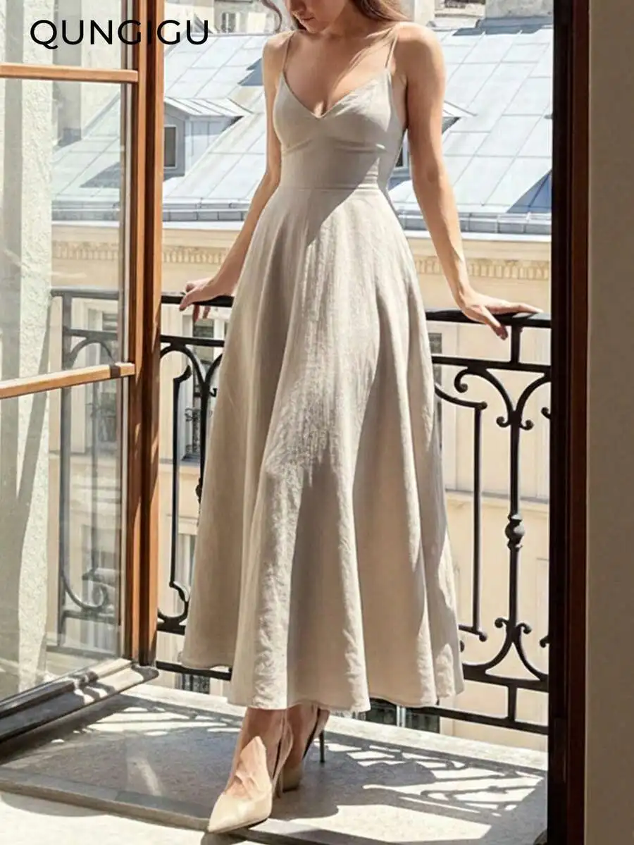 

Elegant V-Neck Linen Midi Dress Sleeveless A-Line Backless Slip For Vacation Beach Wedding Cocktail Party