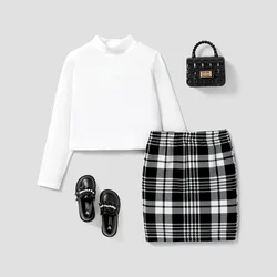 PatPat Kid Girl Stand Collar Grid/Houndstooth Skirt Suit Soft and Comfortable  Perfect for Outings and Daily Wear Basic Style