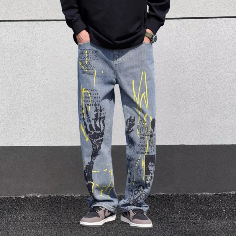 

Ropa Y2K стильные потертые синие мешковатые джинсы с принтом граффити, брюки для мужчин, одежда, прямые джинсовые брюки в стиле хип-хоп, Ropa Hombre
