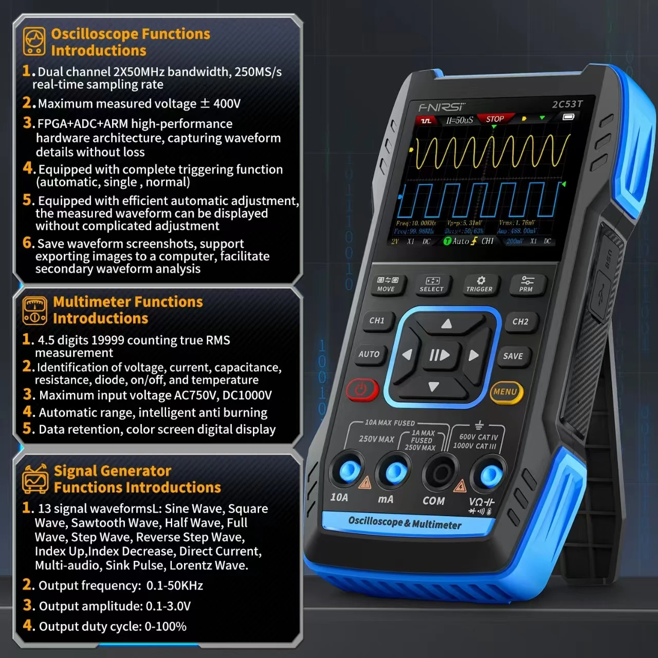 FNIRSI 2C53T 3in1 Oscilloscope Multimeter Signal Generator 50MHz Bandwidth 250MS Rate Dual Channel 20000 Counts 3000mAh Battery