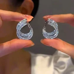 2024 Unique Double Layer Zircon C-shaped Earrings for Women New Fashion Personality Cool Girls Party Unusual Accessories Jewelry