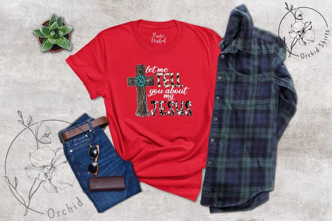 Let Me Tell You about My Jesus Slogan Women T-shirt Vintage Cartoon Wooden Cross Print Female Shirt New Trend Casual Girl Tee