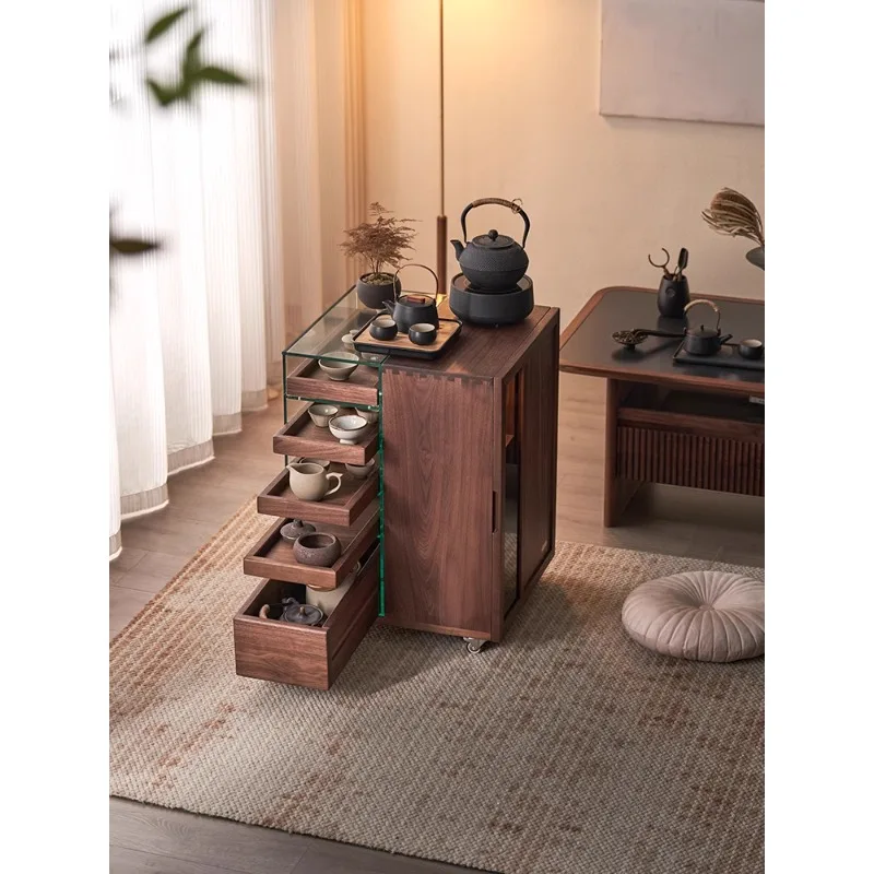 

Solid wood brewed tea table tea cabinet movable sofa side cabinet living room black walnut display cabinet tea table