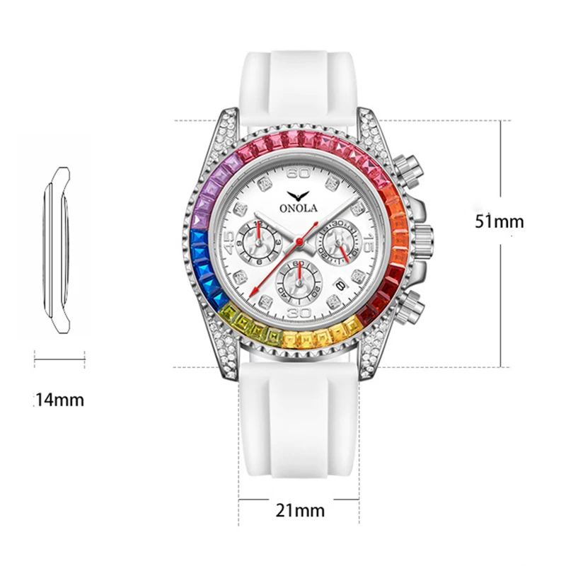 ONOLA Fashion Iced Watches Mens Luxury Rainbow Diamond Man ClockS Sports Silicone Strap Waterproof Quartz Wrist Watch Men Reloj