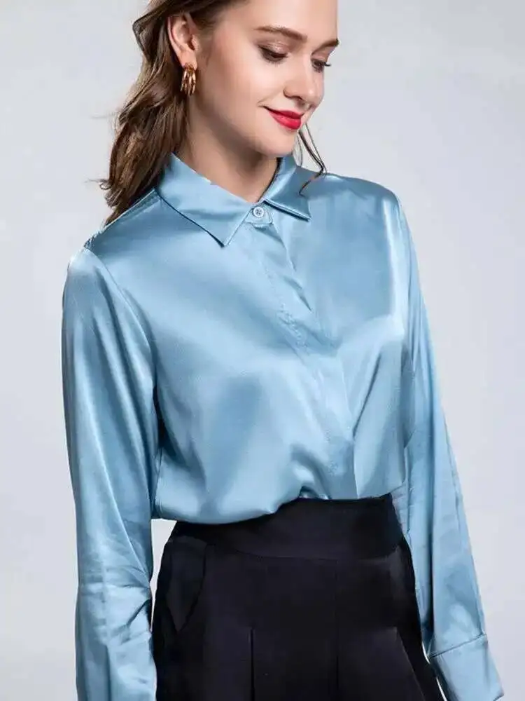 Women 93% Real Silk Long Sleeve Shirts Turn Down Collar Straight Loose Single Breasted Office Lady Tops