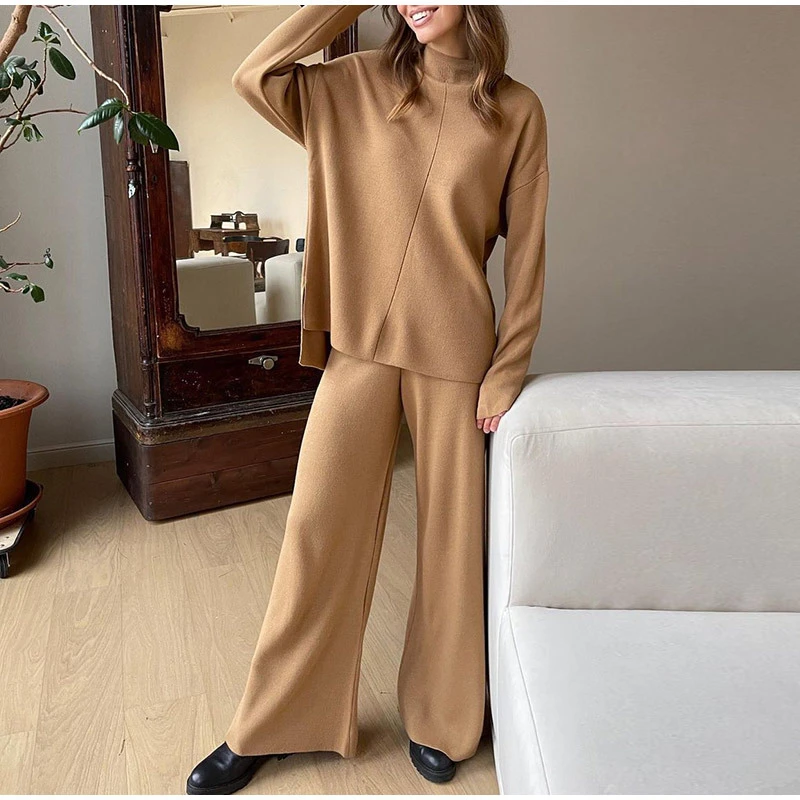 Korean Loose Knitted Pants 2 Piece Set Fall Solid Half Turtleneck Sweater Outfits Women Fashion Wide Leg Pantalones Ensembles