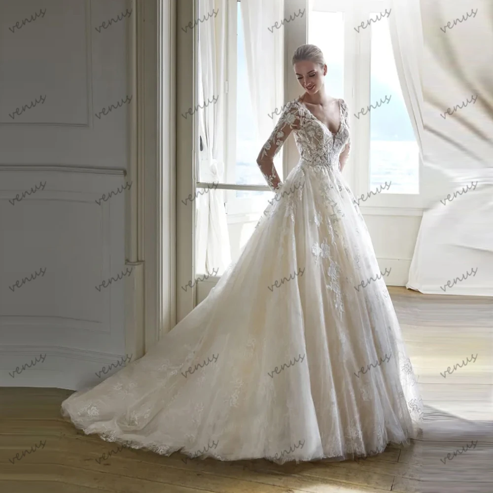 Exquisitos Vestidos De Novia De línea A, Vestidos De Novia Vintage, Apliques De encaje, mangas completas, Vestidos glamorosos De Novia personalizados 2025