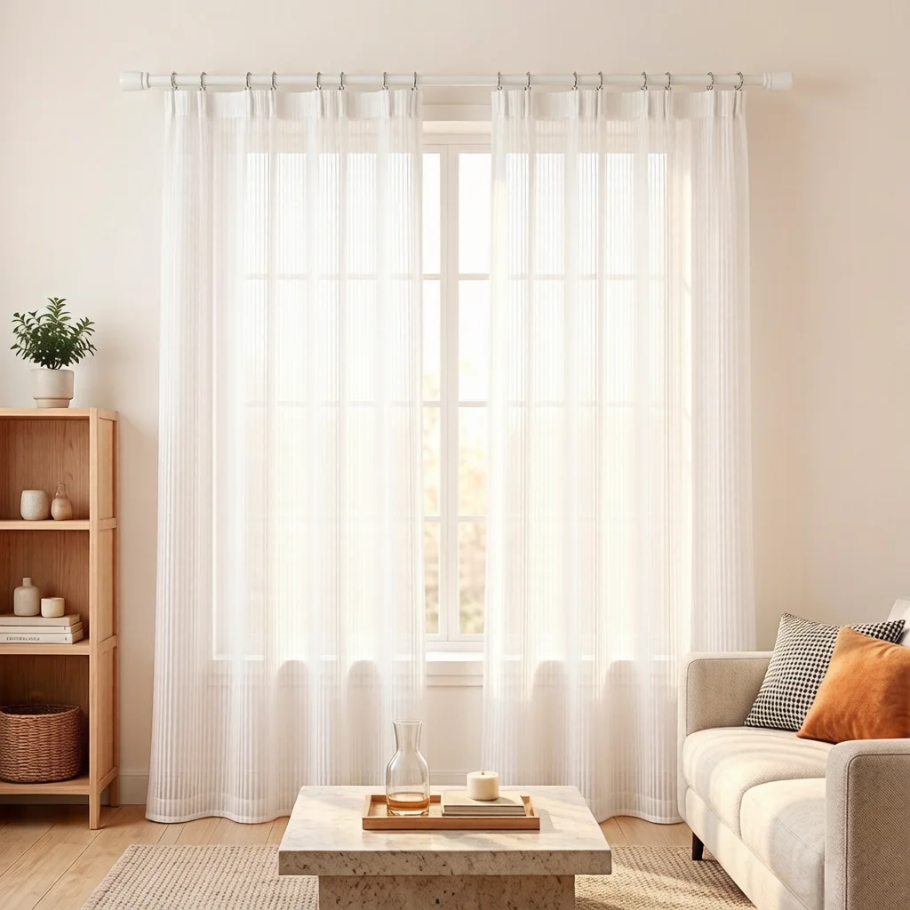2pcs S-Hook White Vertical Stripe Sheer Curtains, Cream Nordic INS Style, Textured Light Filtering Window Sheer for Living Roo
