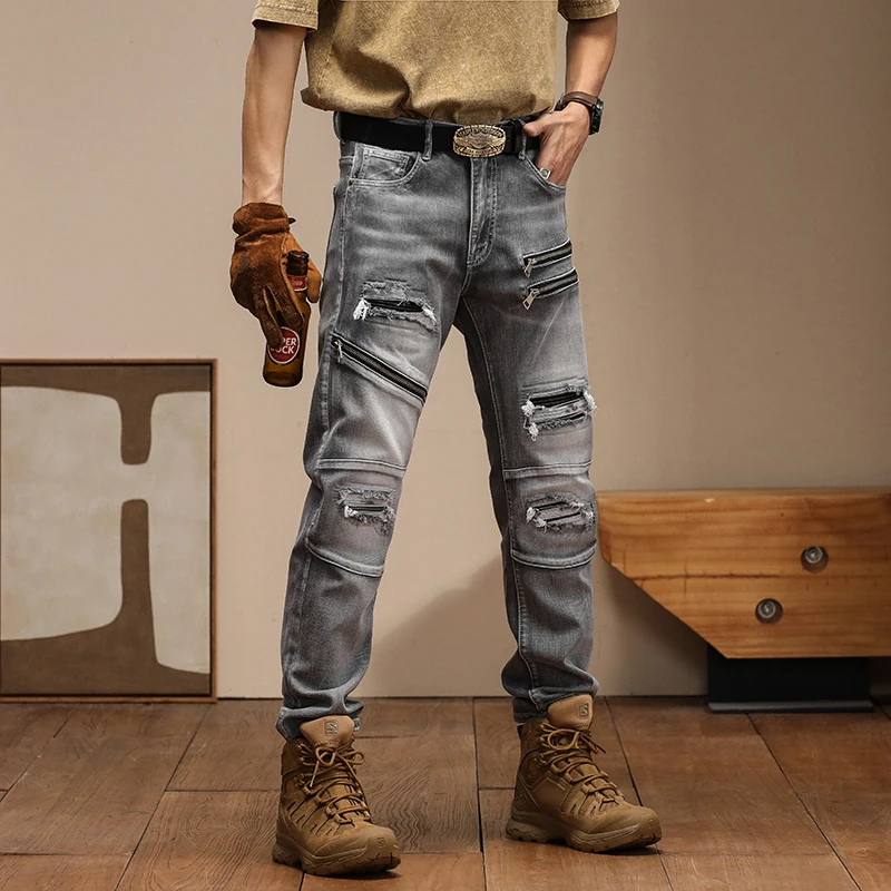 New American High Quality Trendy Slim Fit Zipper with Ripped Patch Motorcycle Feet Pants Vintage Jeans for Men Skinny Jeans Men