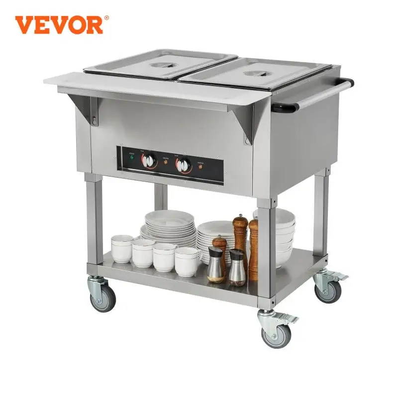 VEVOR-Chauffe-aliments commercial, 2 casseroles, table à vapeur électrique, 1000W, plaque professionnelle, 4 roues, 2x20,6 QT