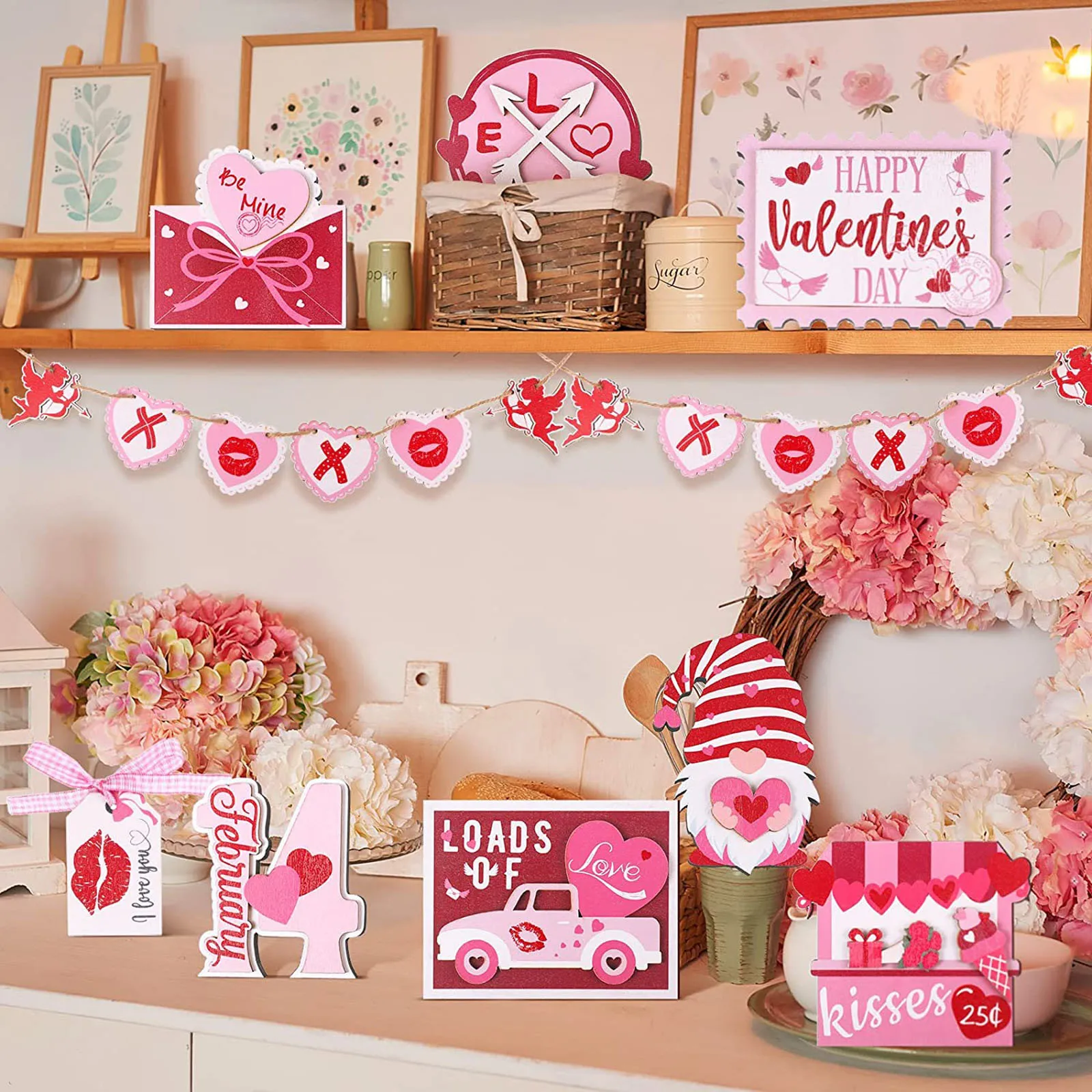 Valentine's Day Layered Pallet Decoration Cute Valentine's Day Desk Wooden Sign Valentines Tray Small Wooden Trays Decorative