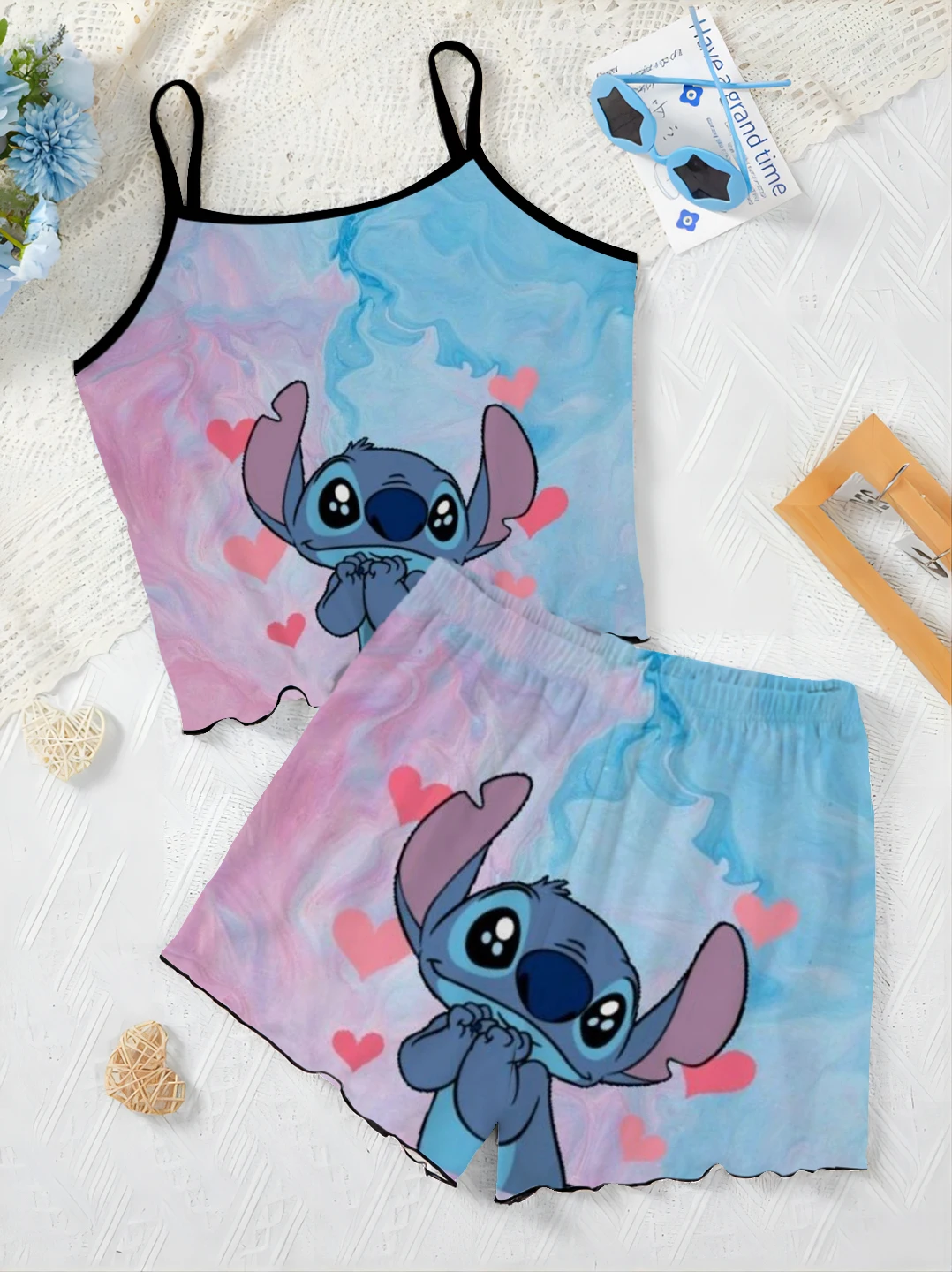 Home Dress Zomer Dames Pak Stitch Disney Pyjama Rok T-Shirt Sla Trim Top Korte Sets Stukken Outfit Elegante Disney