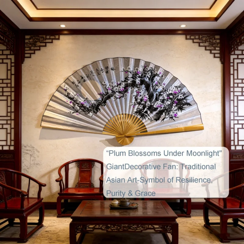 63X35Inch“Plum Blossoms Under the Moon”Large Folding Fan。Made from Natural Bamboo，Durable、Majestic Eastern Artwork。