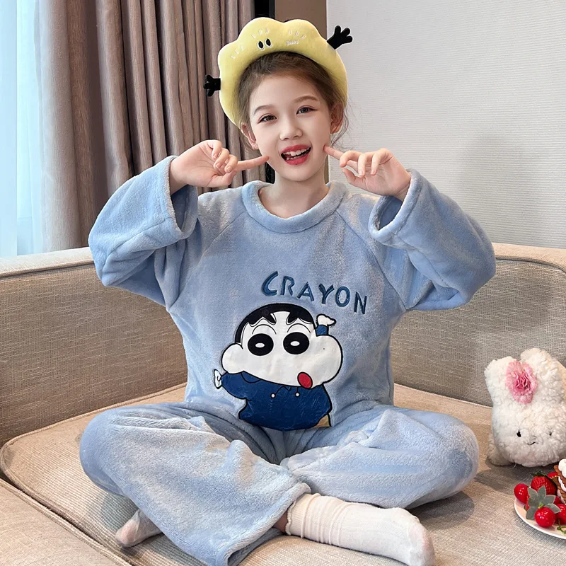 

Crayon Shin-Chan Children Velvet Pjs Kids Plush Pajamas Anime Cartoon Autumn New Coral Fleece Pullover Shirt Pants Homewear Set