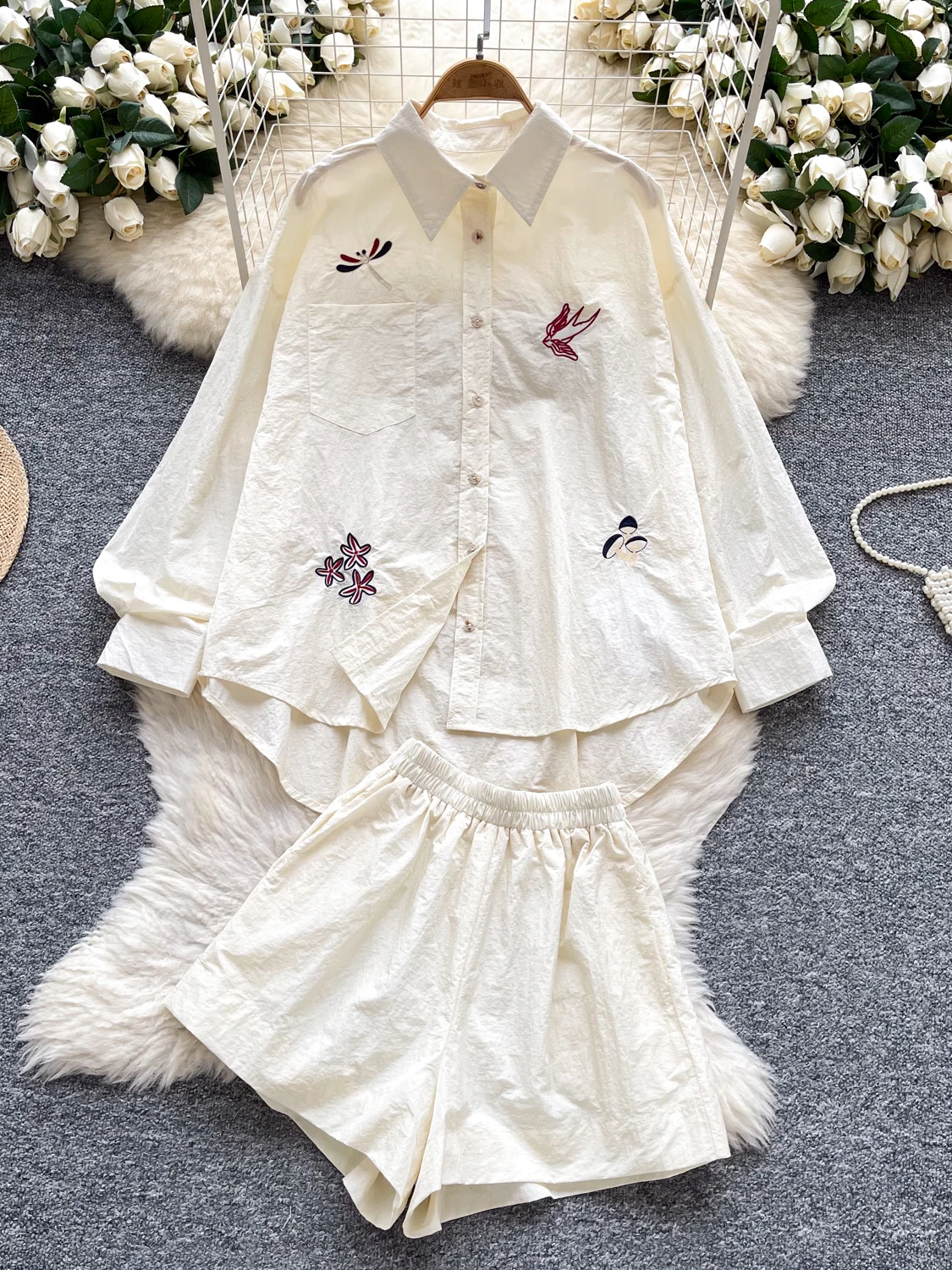 Casual Embroidered Long Sve irt And High Waist Wide Leg orts Women's Set Loose Fit Heavy Embroidery Single Button Design