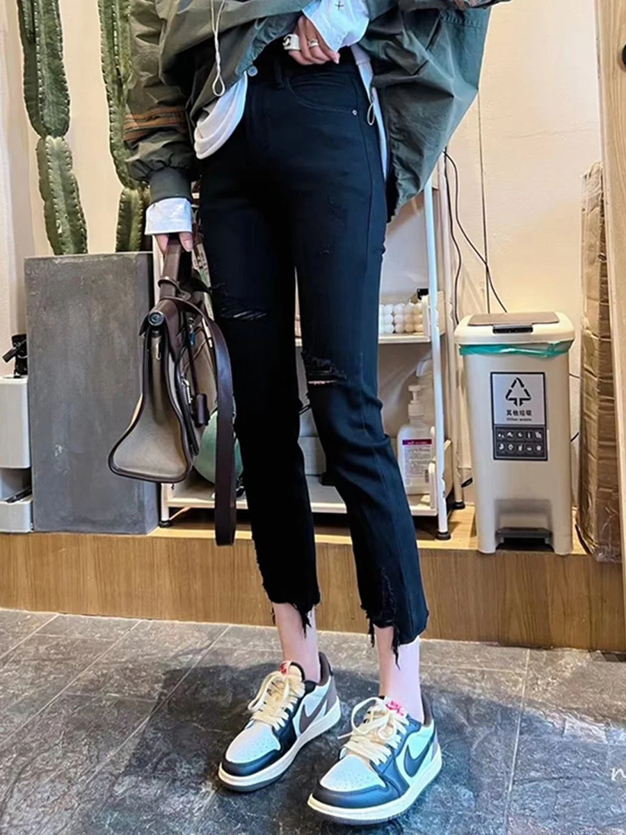 

High Waist Straight Leg Denim Jeans Women's Spring Summer plus Size Hole Design Slimming Nine Tube Pants Cotton Stretch Fabric