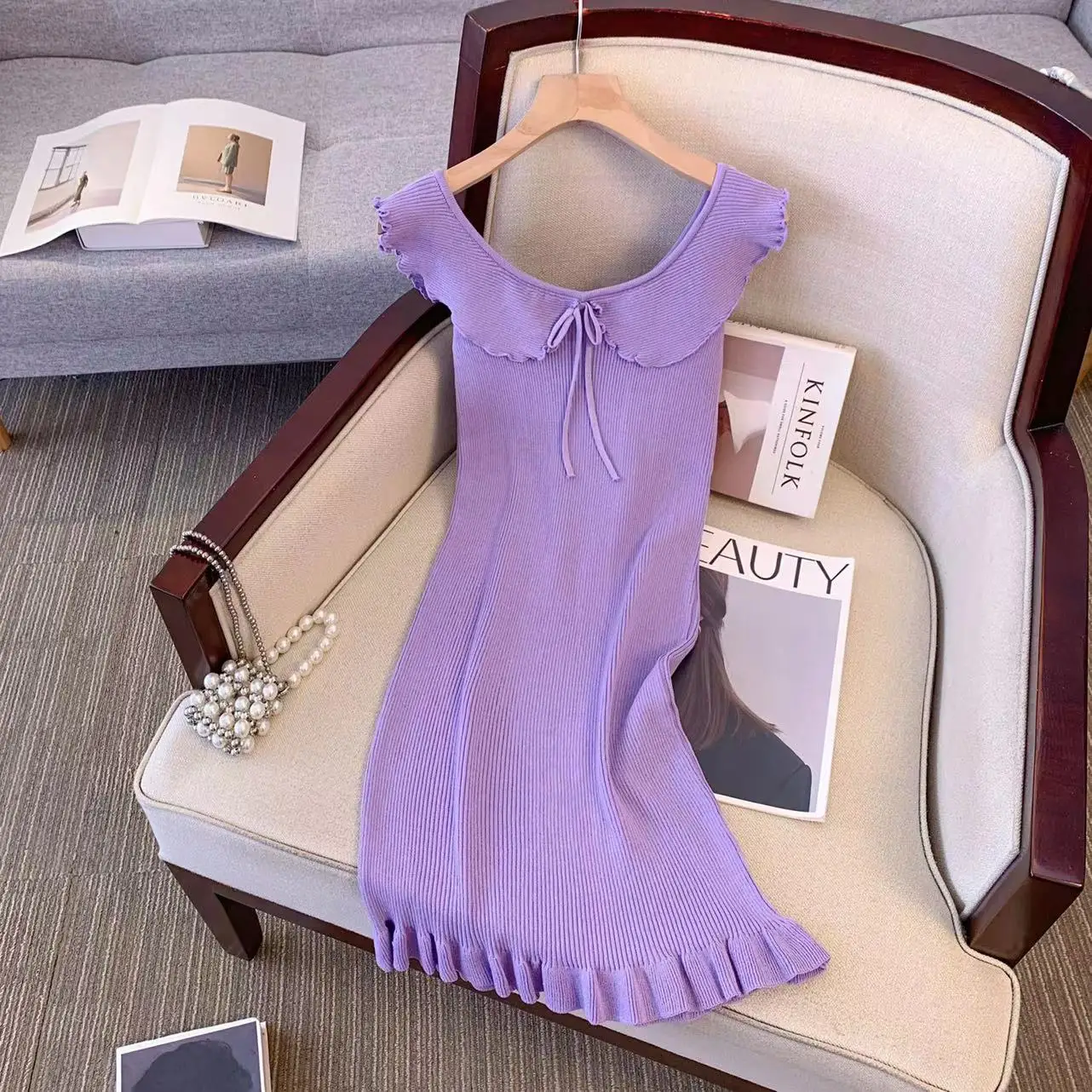 フリルニットストラップレスミニドレス女性のセクシーなレースアップパープルストレッチかぎ針編みボディコンクラブパーティーミニドレス Vesitdos