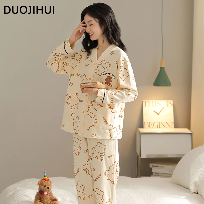DUOJIHUI Two Piece New Pure Color Women's Pajamas Set V-neck Cardigan Basic Pant Fashion with Chest Pad Casual Pajamas for Women