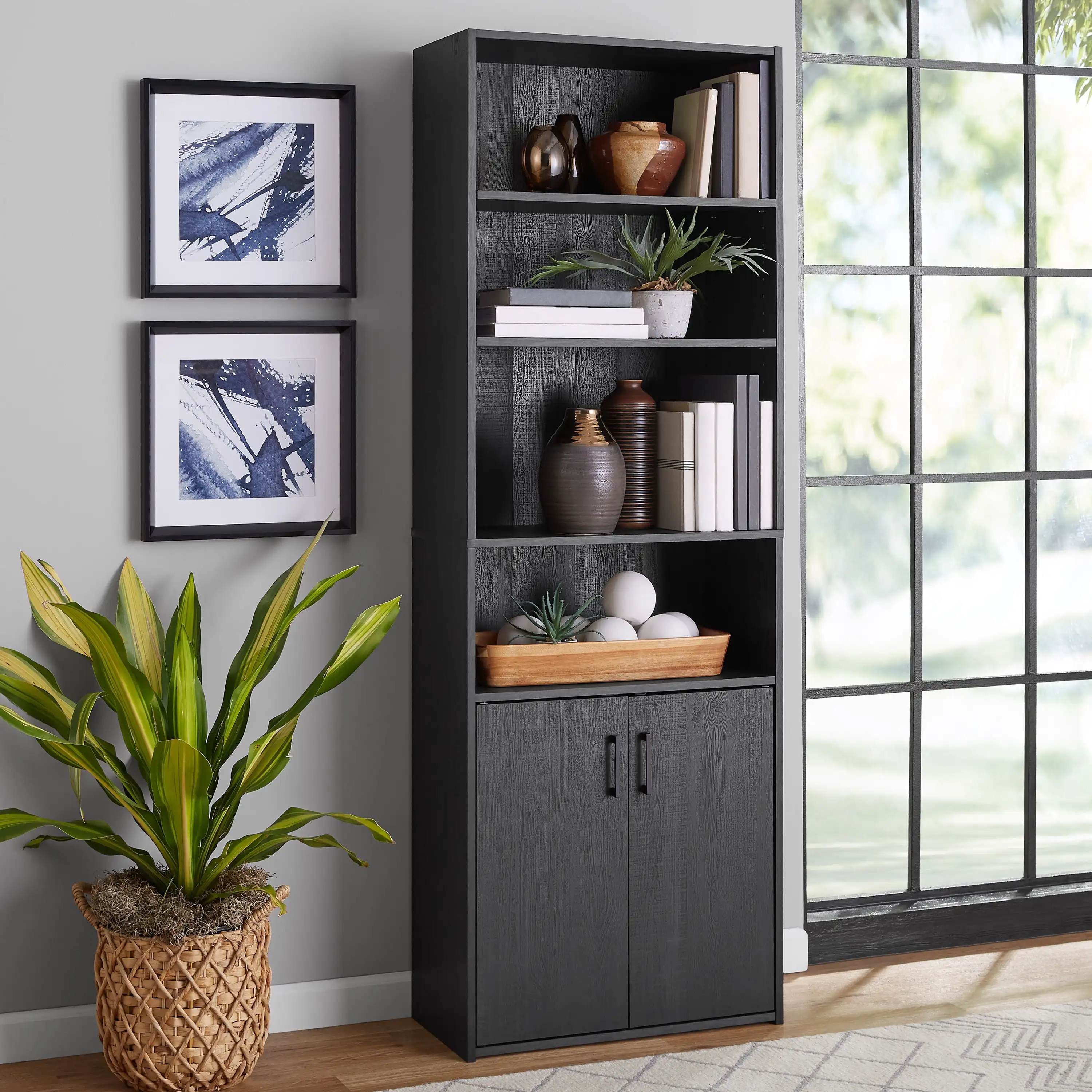 

Traditional 5 Shelf Bookcase with Doors, Black/Rustic Weathered Oak/White Finish