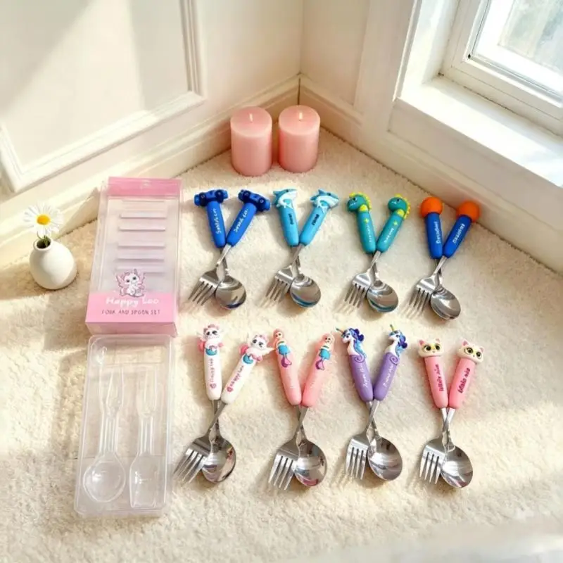 New 2Pcs Stainless Steel Toddler Fork And Spoon Set Cartoon Non Slip Grip Perfect For Kids Daily Mealtime Preschool Home Use
