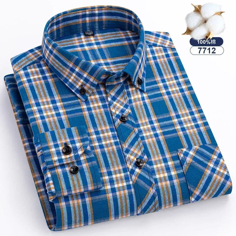 Men Long Sleeve Pure Cotton Fashion Single Patch  Casual Standard-Fit Thick Flannel Shirt Plaid ShirtsPocket Design Young