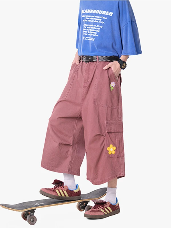 

Red Flower Embellished Workwear Shorts Men's Summer Multi-Pocket Loose Straight Wide Leg Pants Cotton Casual Trousers