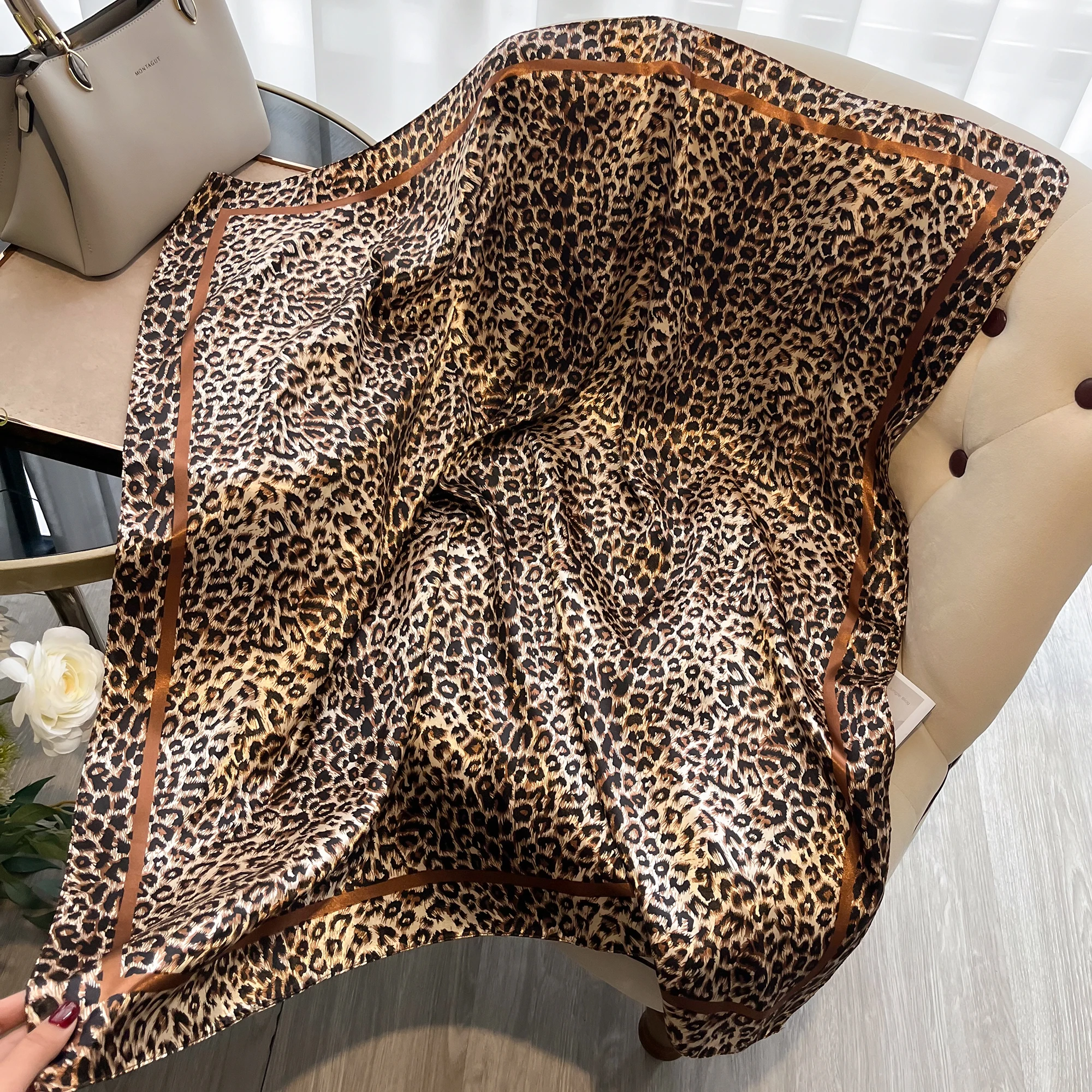Leopard Print Satin Square Scarf 90x90cm, Women Large Neck Shawl Multi‑use Headscarf Bag Decoration Fashion Gift